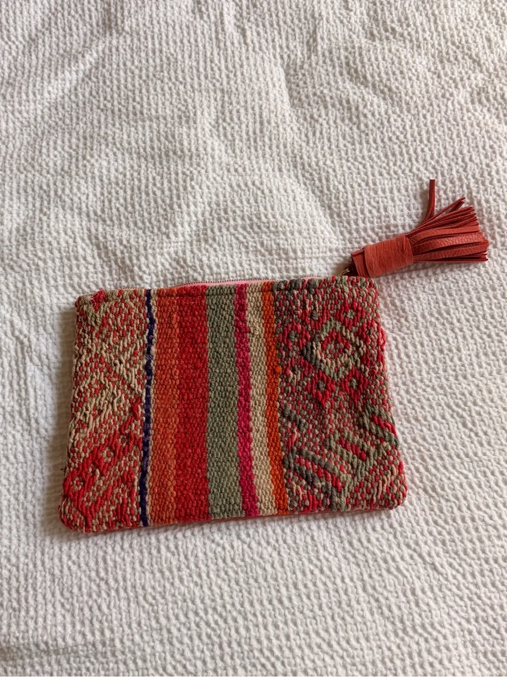 Handwoven Multistripe Red Cosmetic Pouch with Tassel Leather